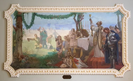 [Villegagnon assiste a primeira missa celebrada no Rio de Janeiro em 1555]